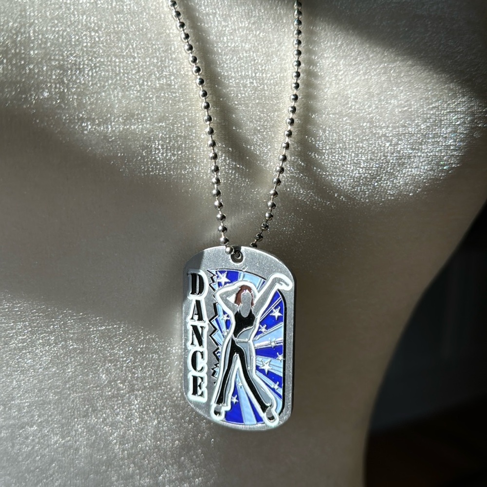 Dance graphic dog tag ball chain necklace trophy award hip hop engravable back